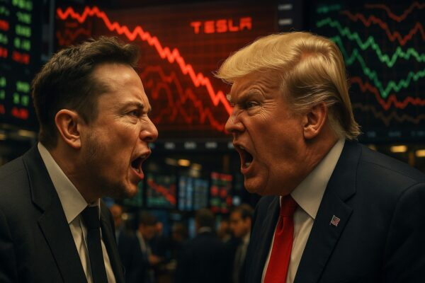 Angry Trump and Musk arguing as Tesla stock drops