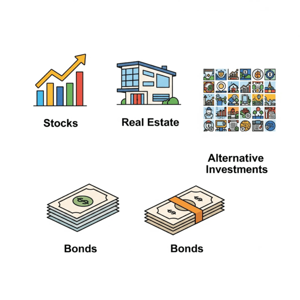 Diverse wealth investment icons including real estate, stocks, bonds