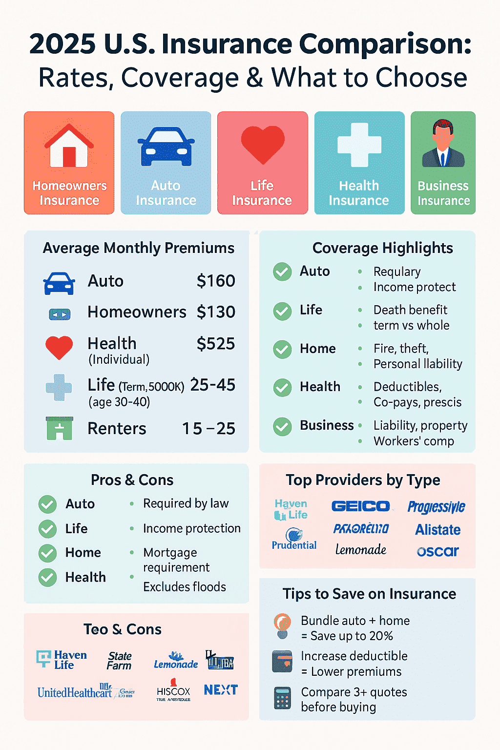 Infographic comparing top U.S. insurance options in 2025 with benefits and rates