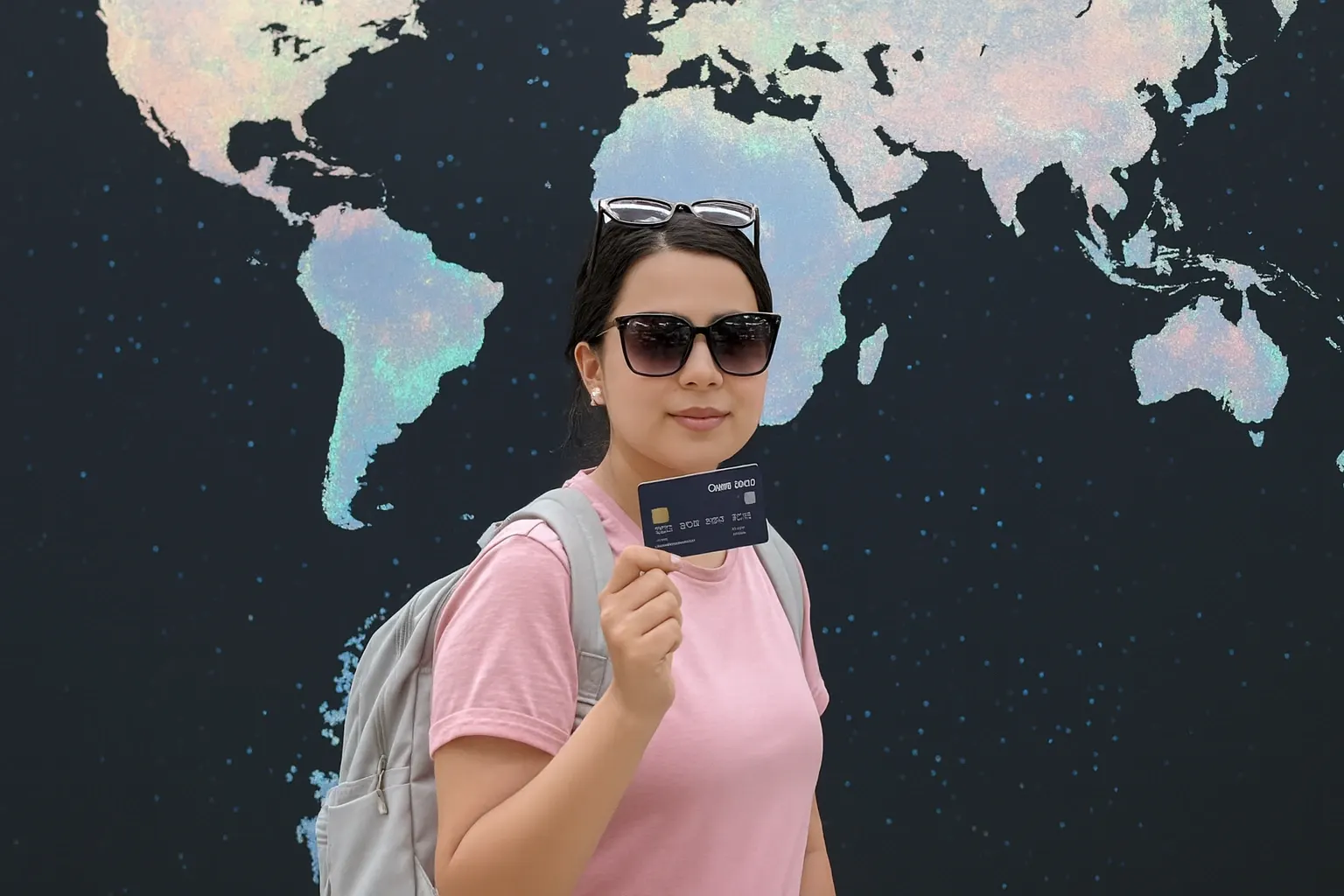 Woman holding a credit card in front of a world map, highlighting best credit cards with travel and purchase insurance in 2025.