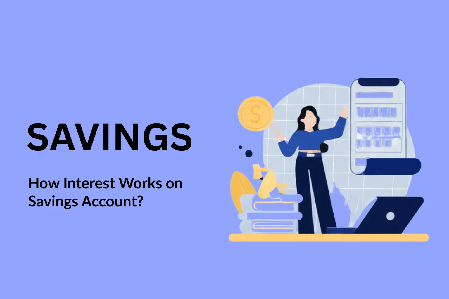 Visual infographic showing a man and woman interacting with savings elements like coins, bank book, and growth chart to explain how interest builds in a savings account.
