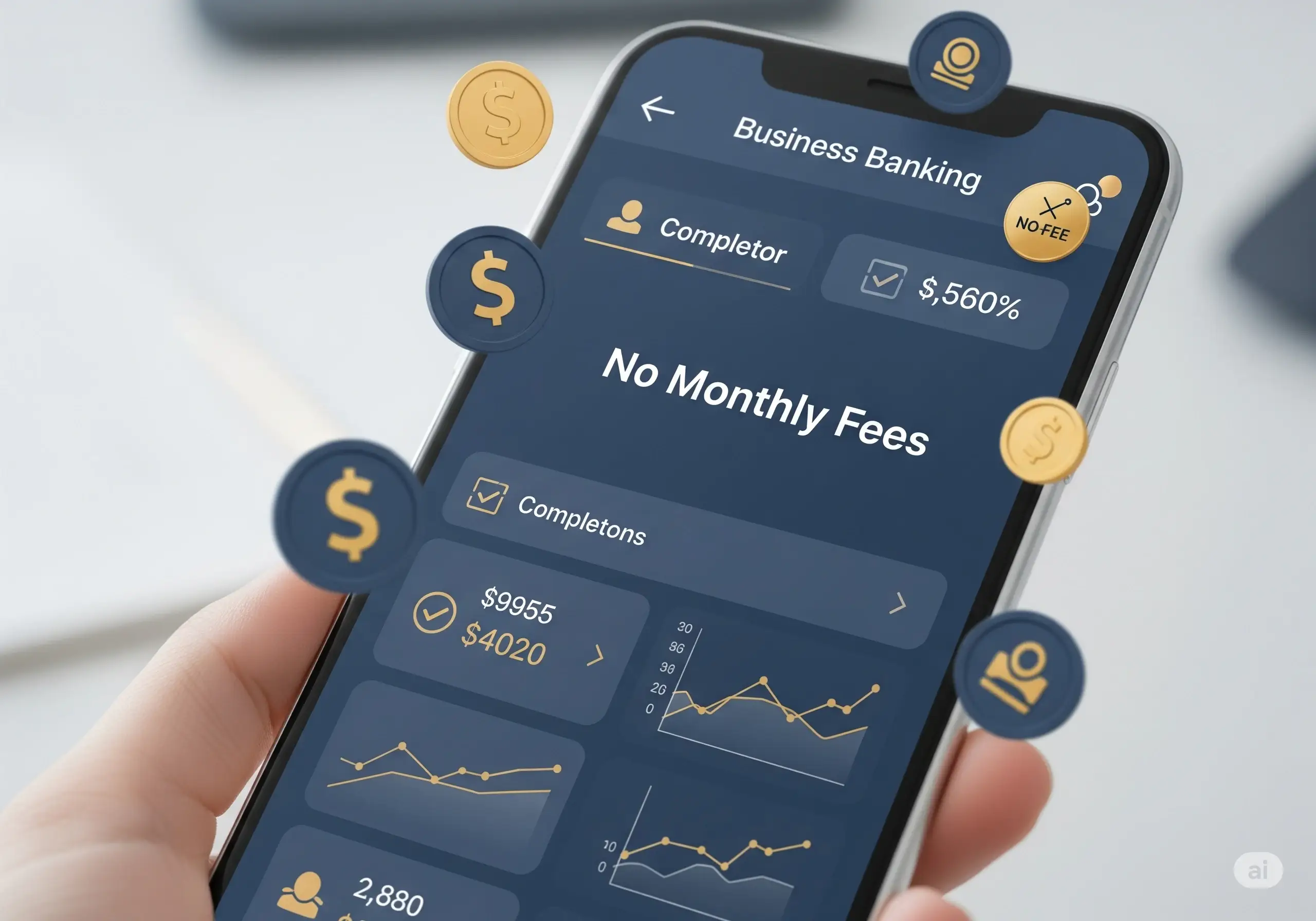 Mobile screen displaying “No Monthly Fees” on an online business bank account dashboard with navy blue and gold business icons, symbolizing cost-effective banking for U.S. businesses in 2025.