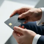 Close-up of a well-dressed professional in a tailored navy suit holding a sleek matte black metal credit card with gold chip and embossed numbers, symbolizing premium high-limit credit cards and exclusive financial perks.