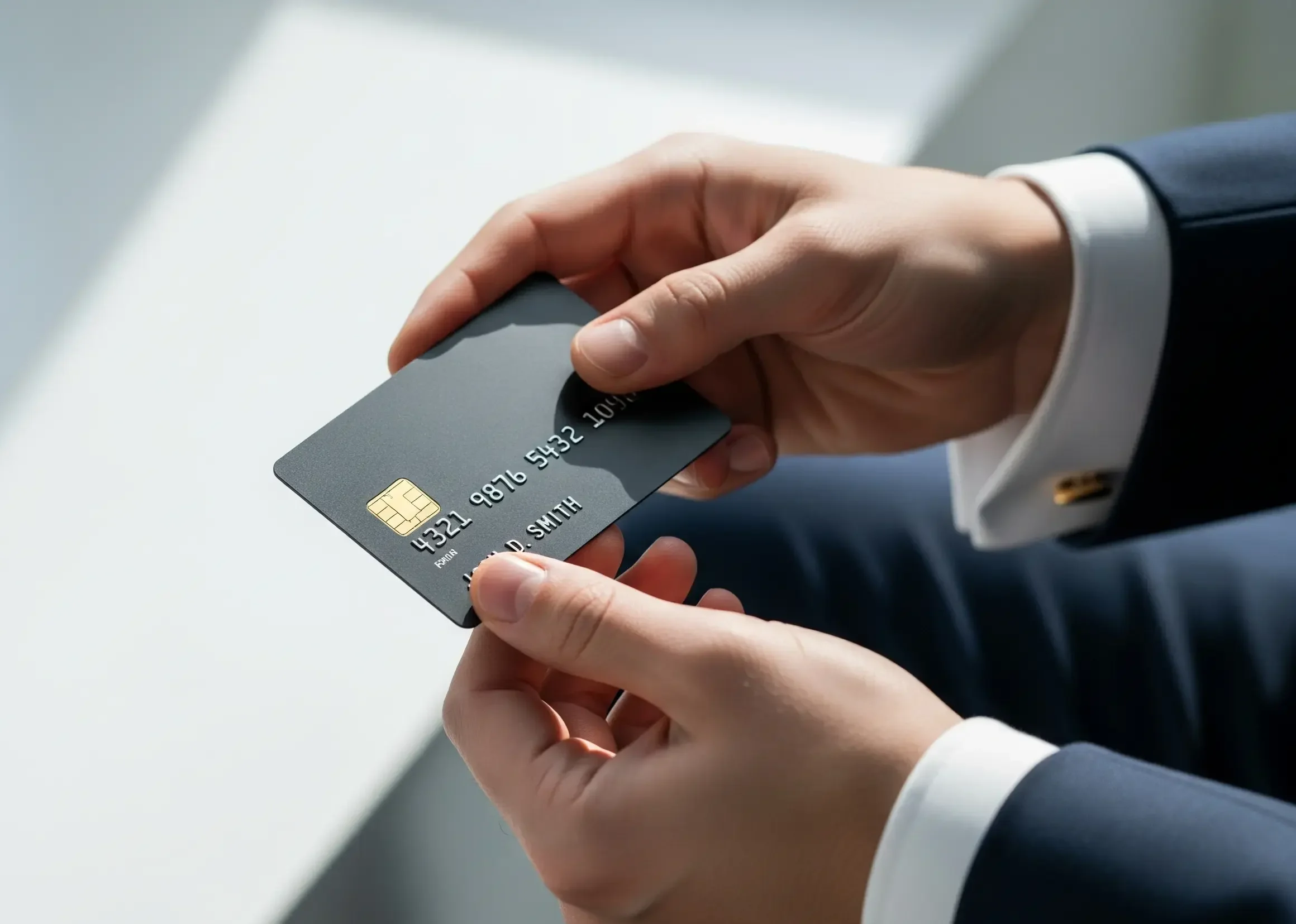 Close-up of a well-dressed professional in a tailored navy suit holding a sleek matte black metal credit card with gold chip and embossed numbers, symbolizing premium high-limit credit cards and exclusive financial perks.