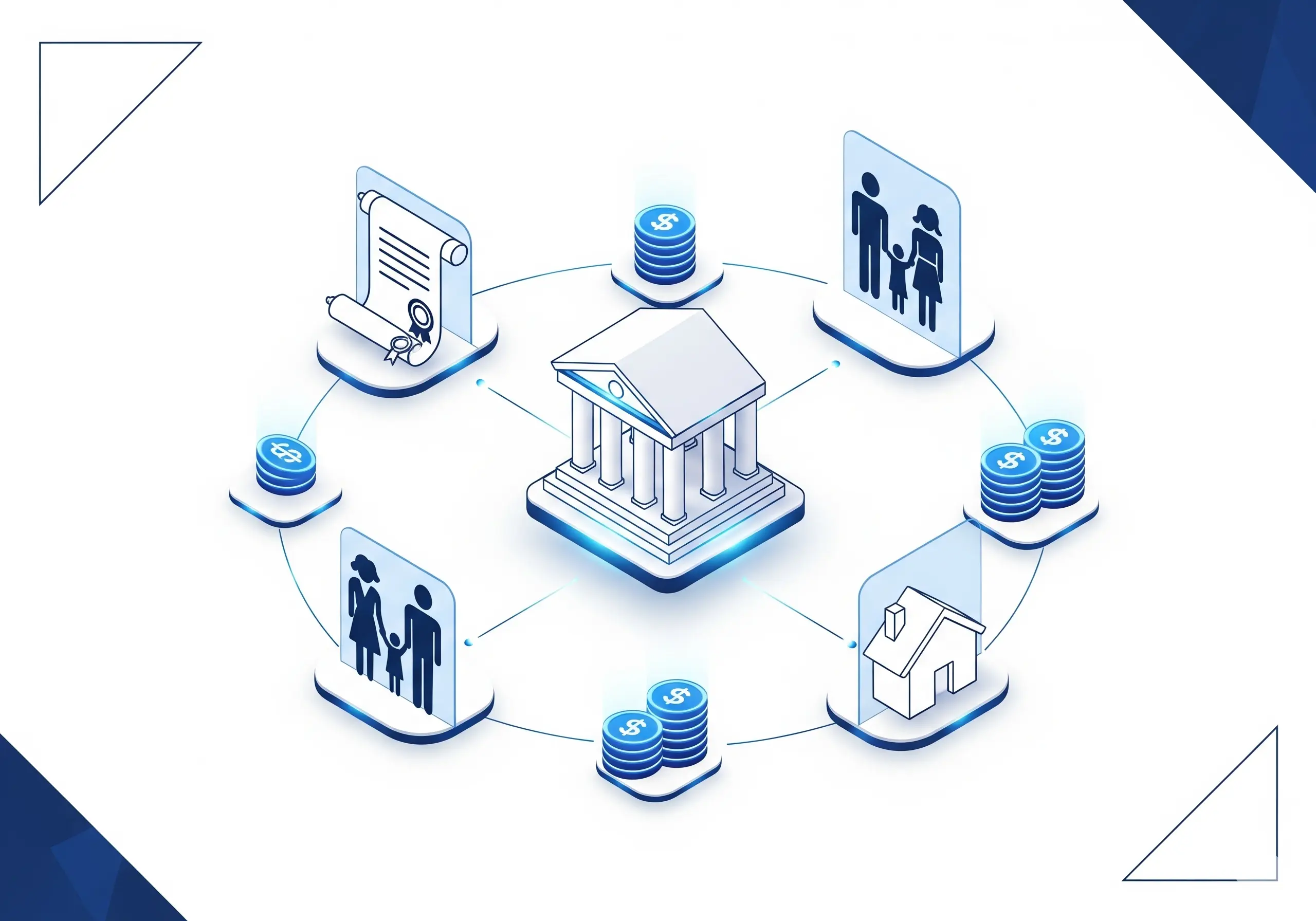 Professional isometric illustration showing trust and estate management with legal, property, and financial icons on a white and navy blue background.