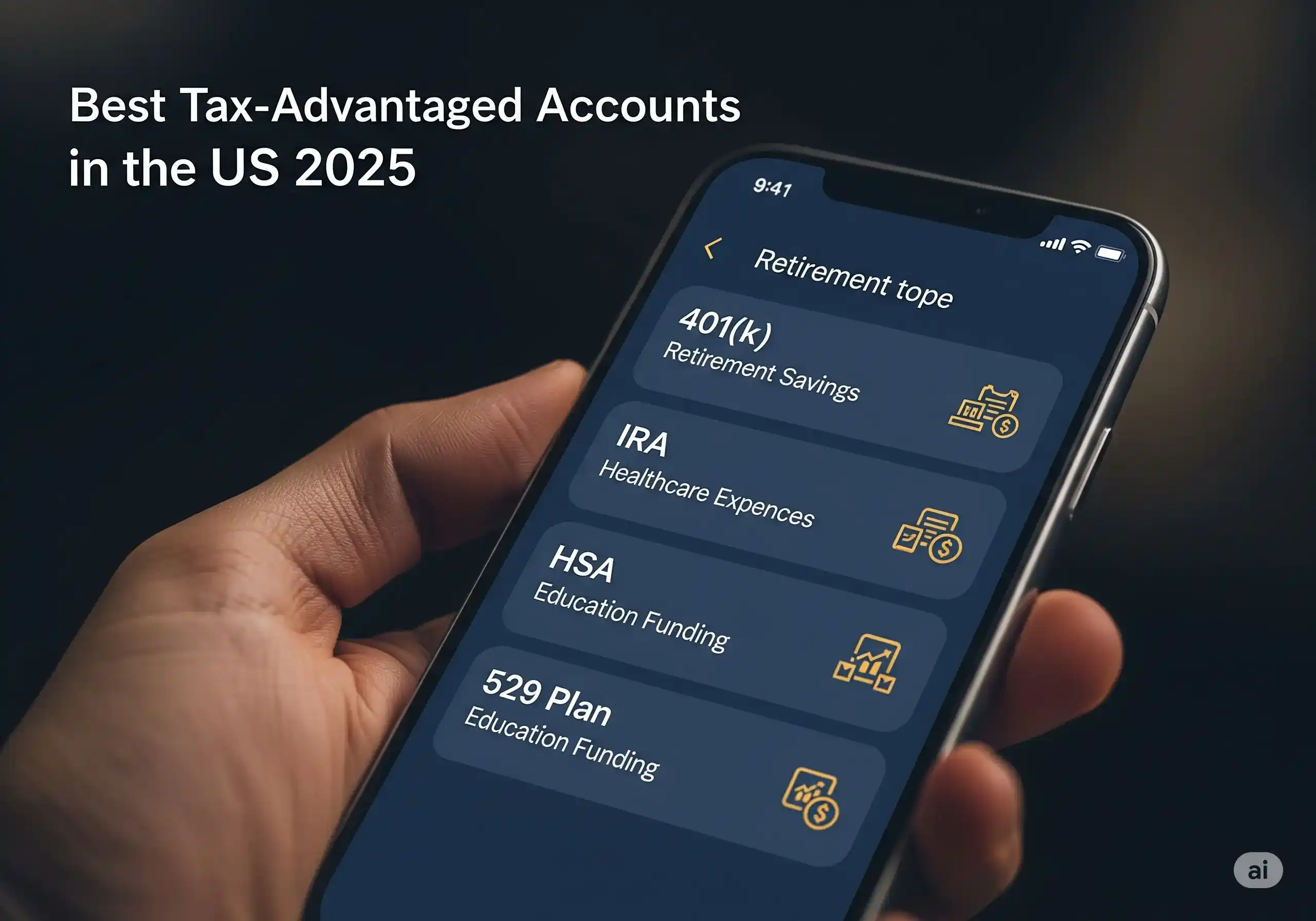 A smartphone displays a navy blue and gold financial app interface with the title "Best Tax-Advantaged Accounts in the US 2025." Titles for 401(k), IRA, HSA, and 529 Plan are visible, and small golden bubbles float above the screen.
