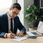 Business professional opening a legal offshore bank account documents with passport and laptop on desk in modern office, secure international banking 2025.