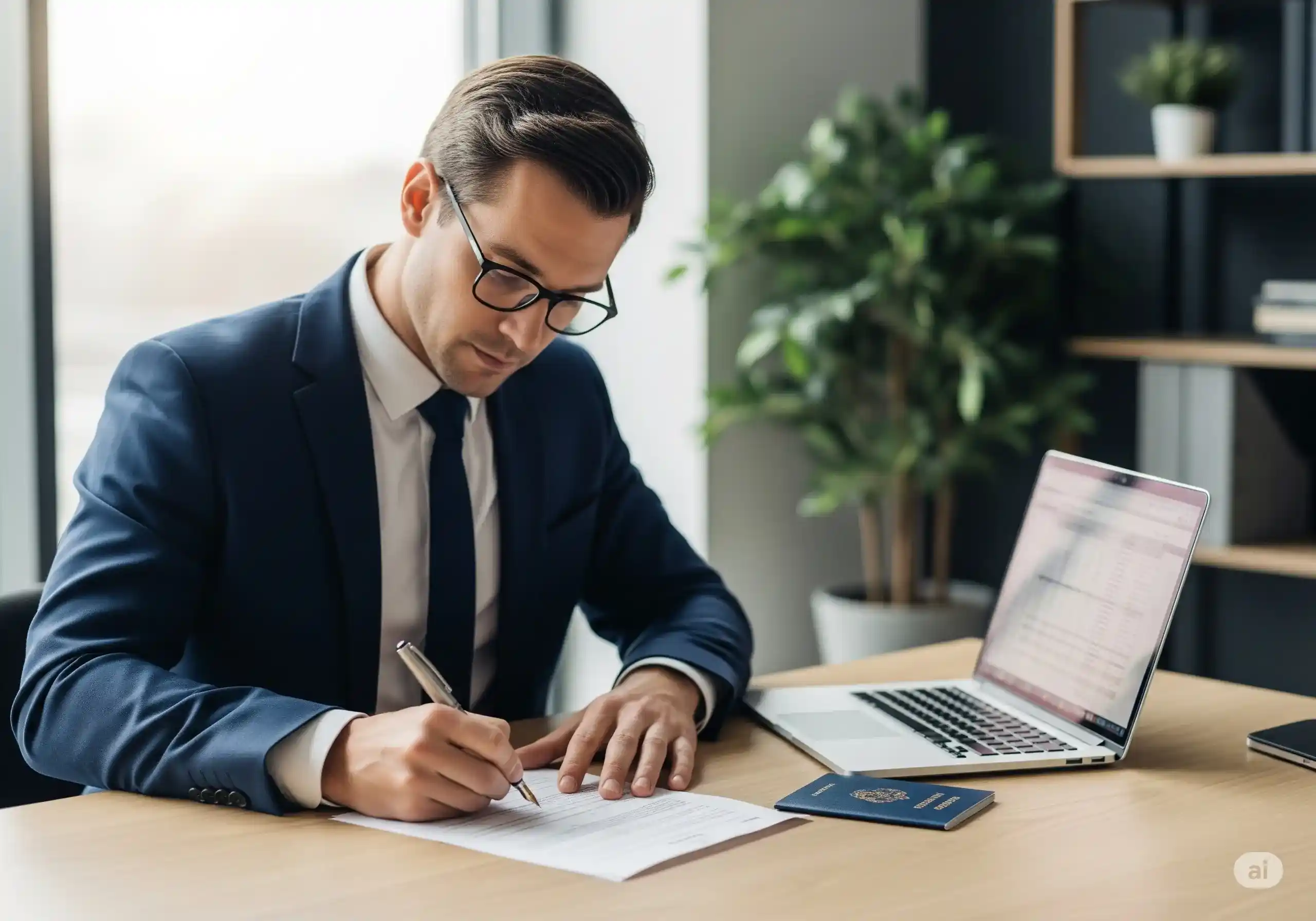 Business professional opening a legal offshore bank account documents with passport and laptop on desk in modern office, secure international banking 2025.