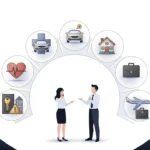 Infographic illustration showing key types of insurance in the U.S., including health, auto, home, life, renters, disability, and travel insurance