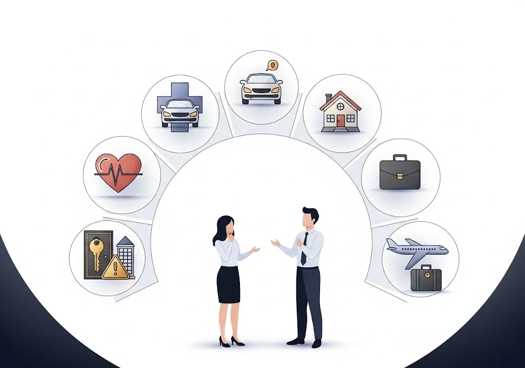 Infographic illustration showing key types of insurance in the U.S., including health, auto, home, life, renters, disability, and travel insurance