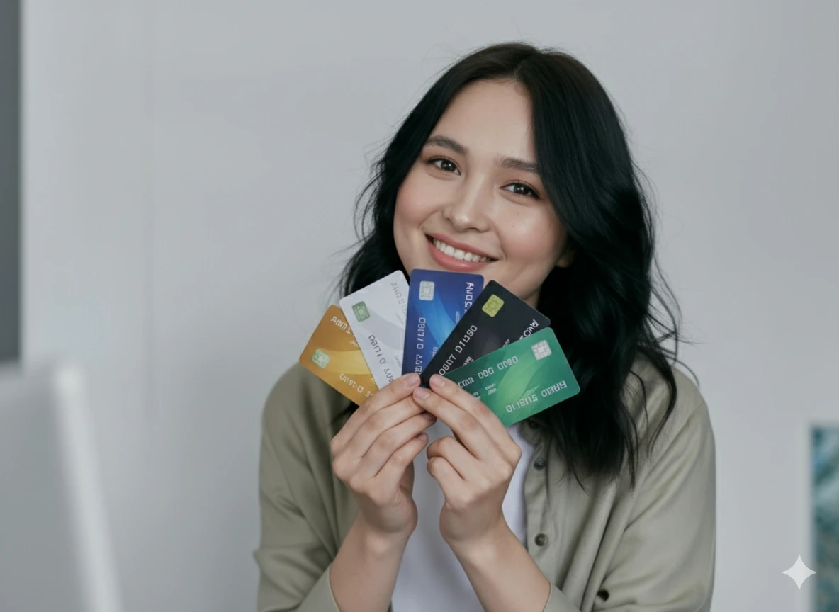 Happy woman smiling and holding five credit cards, representing high cashback credit card options and smart financial choices in 2025.